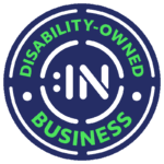 Disability IN Logo. A Blue Circle with the words disability owned business in green ink and then :IN in white ink in the center