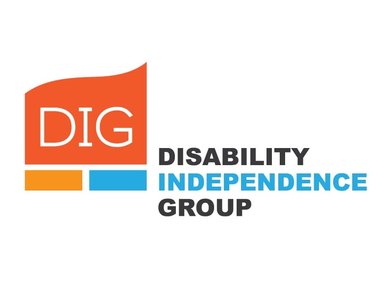 dig logo with an orange shape and then the words disability independence group to the right