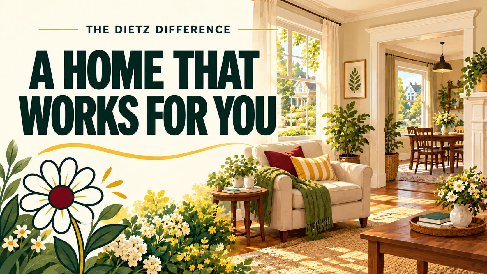 thumbnail image that says a home that works for you that shows the living room inside of a home
